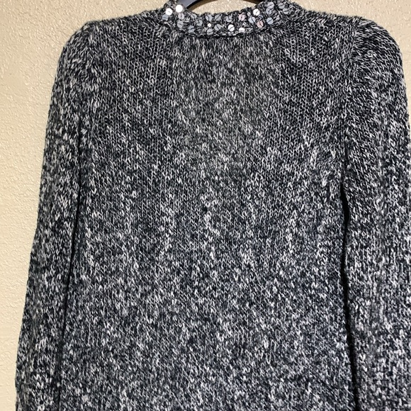 Mudd Sweater Cardigan L Black White Sequin Stretchy Front Buttons Pockets Cotton - Picture 15 of 16